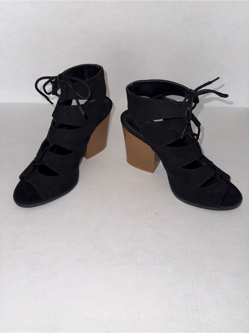 Qupid Black Lace-Up Cutout Block Heel Sandals